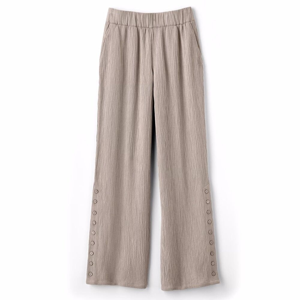 Soft Surroundings Oceo Gauze Wide Leg Pants Pebble Taupe Sz L Coastal Resort Wea